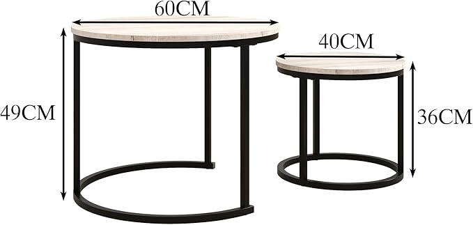 HOJINLINERO Round Coffee Table Set of 2 for Living Room,Black Small Coffee Table Living Room Table,Nesting Tables Metal Frame/Wood,Sturdy and Easy Assembly,Stacking Side Tables Bedroom,White Oak