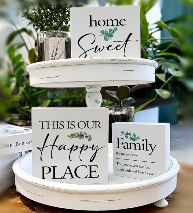 3 Pcs Tiered Tray Decor for Home Family Theme Wood Box Signs - Farmhouse Table Desk Shelf Wall Decoration