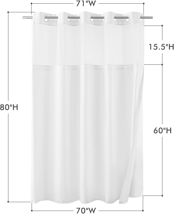 Mrs Awesome No Hook Shower Curtain with Snap-in Liner, Embossed Waffle Design Fabric Shower Curtain for Bathroom, Soft & Lightweight, 71x80, White