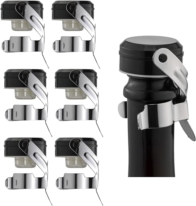 WOTOR Champagne&Wine Bottle Stoppers Stainless Steel with Food Grade Silicone, Leak Proof Keep Fresh Reusable Saver, Cork Suitable for Wine, Champagne, Cava, Prosecco and Sparkling (6 Pack Silver）