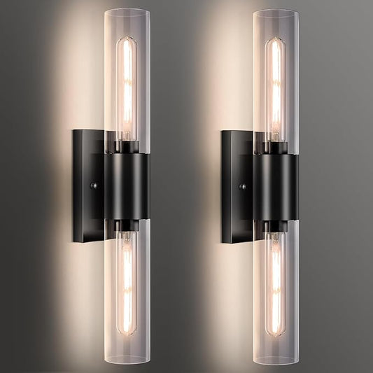 Bathroom Wall Sconces Set of Two Black , 21" Modern 2-Light Vanity Light Tube Wall Sconce, Clear Glass Indoor Hardwired Mounted Lamps for Living Room,Bedroom,Hallway-Black Clear (Bulb Not Included)