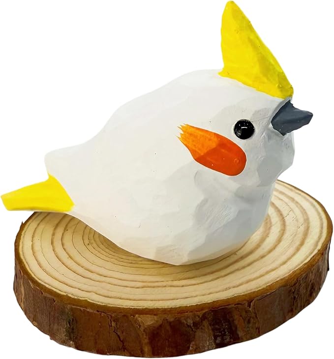Wooden Bird Figurines Funny Desk Accessories Hand Carved Wood Decorative Small Birds Animal Miniature Statues Ornament for Home Room Decor (Yellow White)
