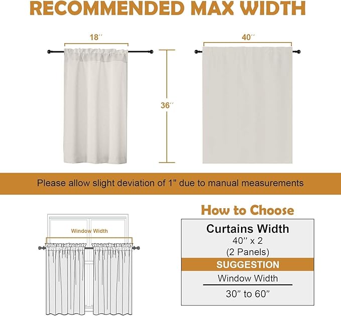 Aiyufeng Natural Short 36 Inches Room Darkening Curtain 2 Panels Set, Half Window Rod Pocket Privacy Tiers for Kitchen, Curtains Blackout for Bathroom Shades, W40 x L36 Inch, Natural