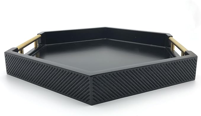 Serving Tray with Polished Metal Handles, Hexagon Coffee Table Tray, Modern Rectangle Decorative Tray, Large Ottoman Tray, Perfect for Storage and Display (Black Hexagon)