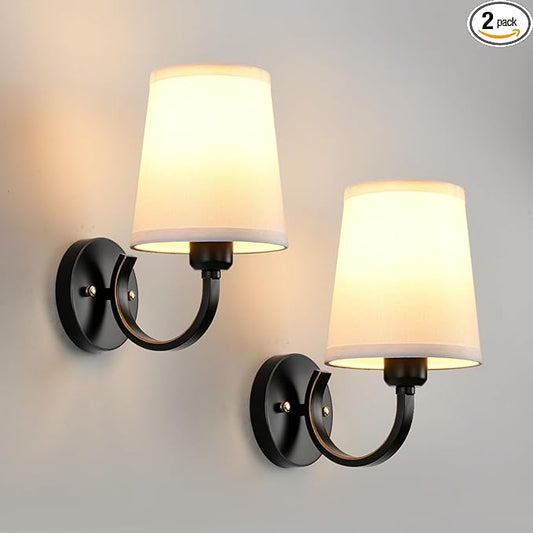 Wall Sconces Set of 2, Modern Wall Lamps for Bedroom, Sconces Wall Light Fixture with Beige Fabric Shade, Indoor Wall Mounted Lamps for Living Room Hallway Kitchen, Black Finish