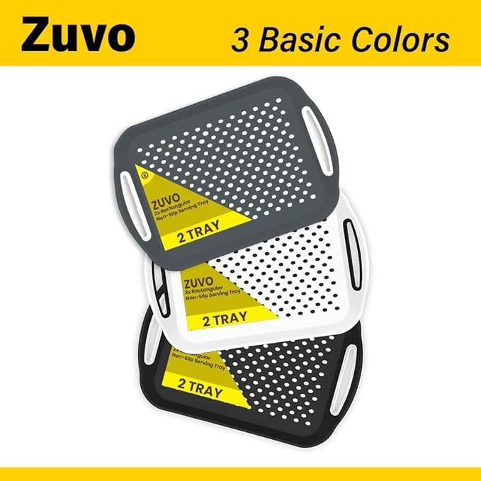 Zuvo Anti-Slip Food Serving Tray with Handles (Set of 2) – BPA-Free Plastic, Lightweight & Durable – Non-Slip Couch Trays for Eating & Drinks (Black)
