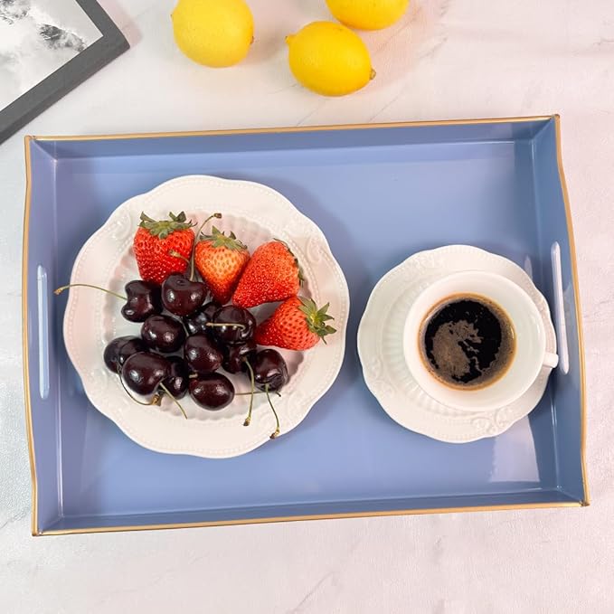 Blue Serving Tray with Handles, Plastic Decorative Tray for Coffee Table, Ottoman - Ideal for Living Room & Bathroom. 15” x 11” x 2.5”