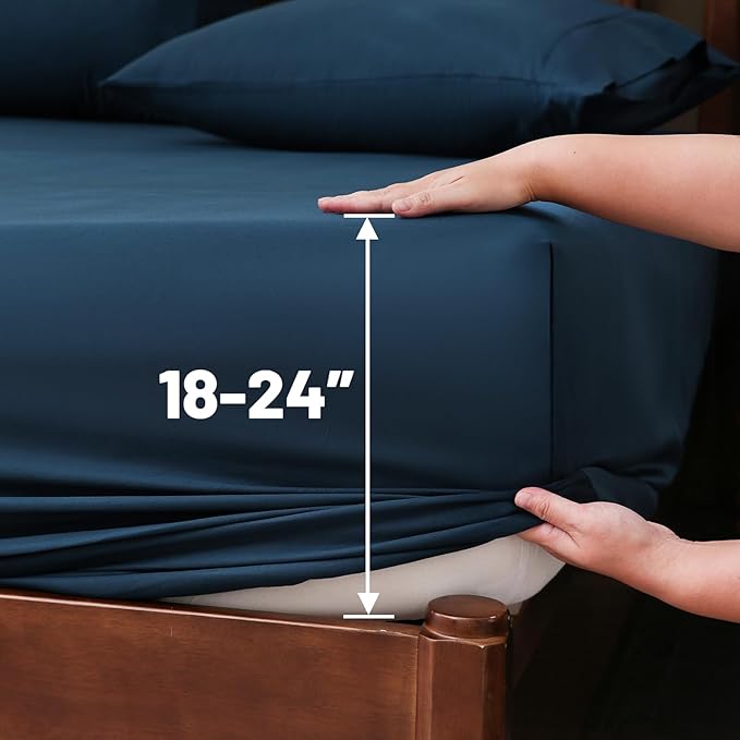 Extra Deep Pocket California King Sheets 18-24 Inch 100% Egyptian Cotton 1000 Thread Count Sateen Weave Soft Breathable 4 Pieces（Cal King,Navy）