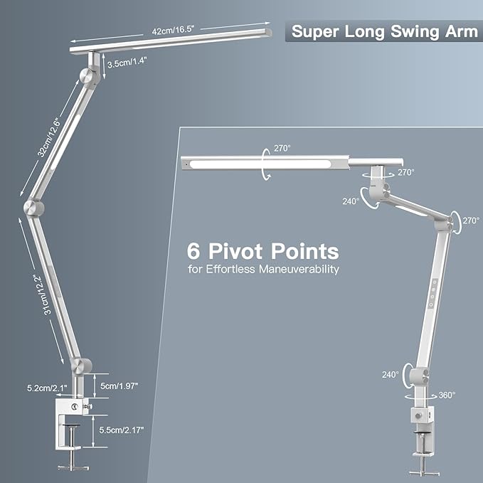 VERSKI LED Desk Lamp, Dual Light Source 18W Brightest, Eye-Caring Optical Lens, Task Lamp with 5 Color Modes & Brightness, Aluminum Alloy Clip or Clamp