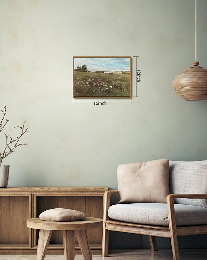 KISSFOX Vintage Landscape Canvas Wall Art Farmhouse Colorful Wildflower Meadow Framed Wall Art Summer Natural Serene Countryside Paintings Artwork Rustic Art Prints For Bedroom Bathroom Living Room