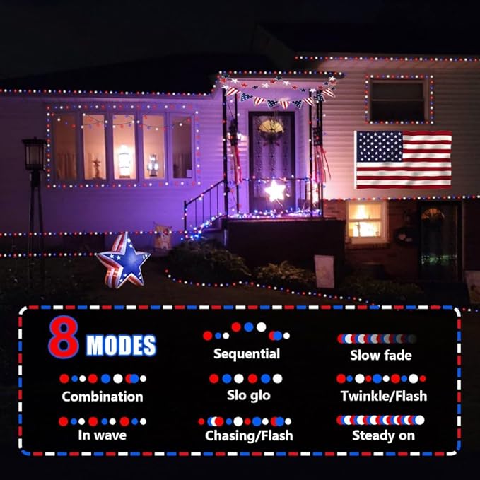 YEGUO 500LED 165ft 4th of July led Lights Outdoor Waterproof, Patriotic String Lights Plug in, Red White Blue led String Lights Indoor for 4th of July Memorial Day Independence Day Decor