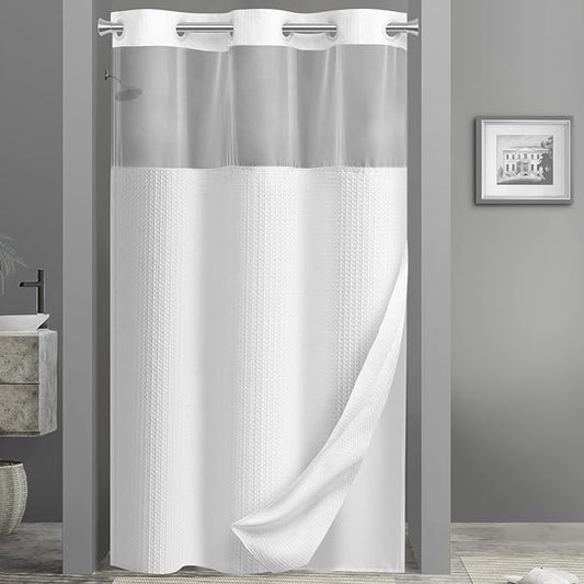 YellyHommy No Hook Shower Curtain with Snap in Fabric Liner Set Less Time White Waffle Shower Curtain for Bathroom 75" L x 48" W