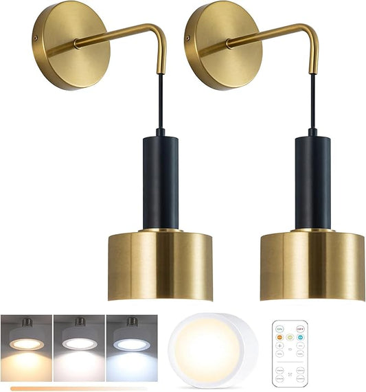 Battery Operated Wall Sconces Set of 2,Black Gold Wireless Sconce Wall Lighting Dimmable Indoor,E26 Base Modern Led Wall Lamp Fixtures for Bedroom Living Room Hallway Corridor Porc