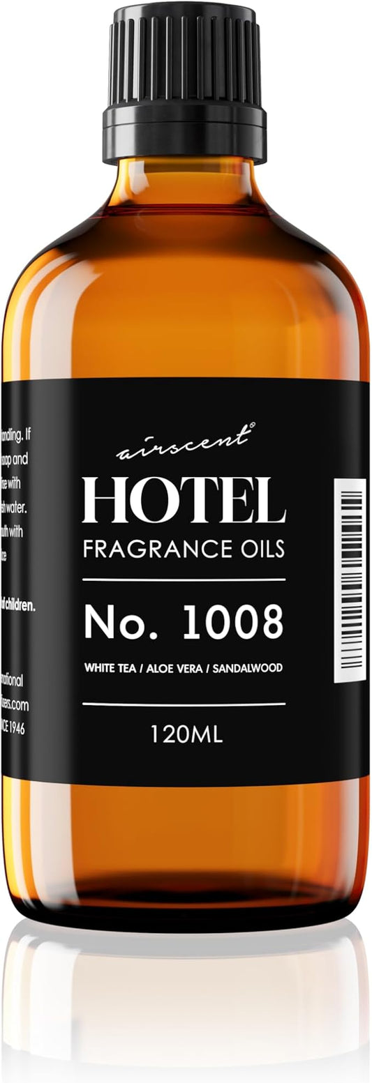 AirScent Hotel Diffuser Oil No. 1008 - White Tea, Aloe Vera & Sandalwood - Hotel Scent Dupe - Premium Fragrance Oil for Ultrasonic and Waterless Diffusers and Crafting - 120 mL, 4 fl oz Glass Bottle