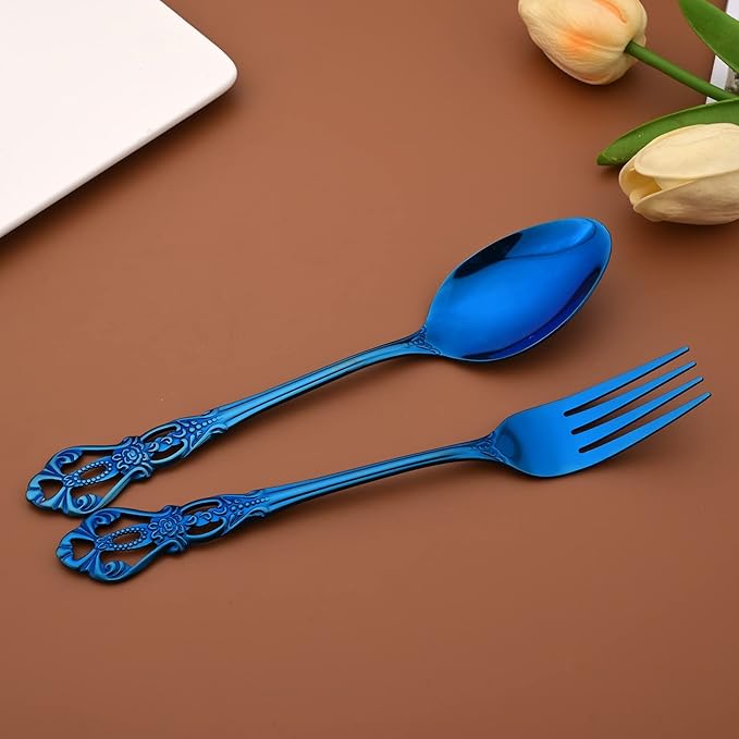 Elegant Blue 30 Piece 6 Set Stainless Steel Flatware Set with Steak Knives, Mirror Polished Dishwasher Safe