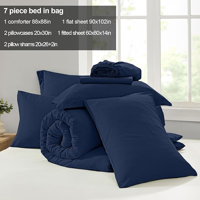 Homelike Moment Queen Comforter Set with Sheets, 7 Piece Navy Comforter Set Queen Size, Full Size Bed in a Bag Lightweight and Machine Washable