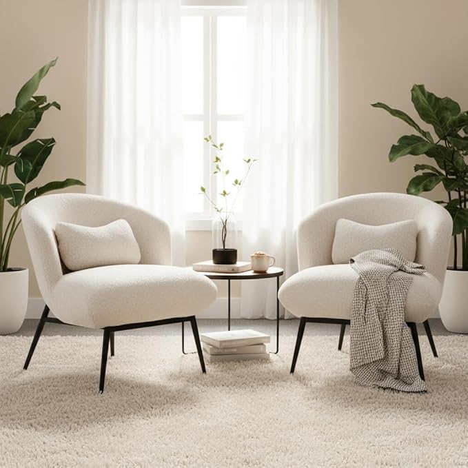 LukeAlon Sherpa Single Sofa Chairs Set of 2, Modern Upholstered Accent Chairs with Metal Legs and Pillow Cute Living Room Chairs Wide Seat Slipper Chairs for Bedroom Reception Area, White