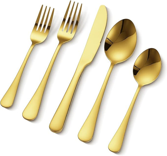 VEVOR 60-Piece Gold Silverware Set, Food-Grade Stainless Steel Flatware Utensils for 12, Mirror Finished Cutlery Set, Dishwasher Safe Eating Tableware for Kitchen Home, Include Knife Fork Spoon