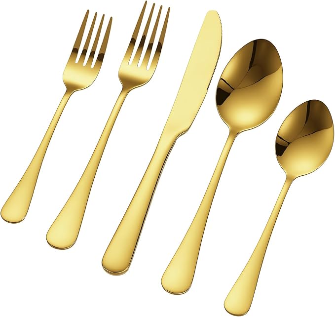 VEVOR 100-Piece Gold Silverware Set, Food-Grade Stainless Steel Flatware Utensils for 20, Mirror Finished Cutlery Set, Dishwasher Safe Eating Tableware for Kitchen Home, Include Knife Fork Spoon