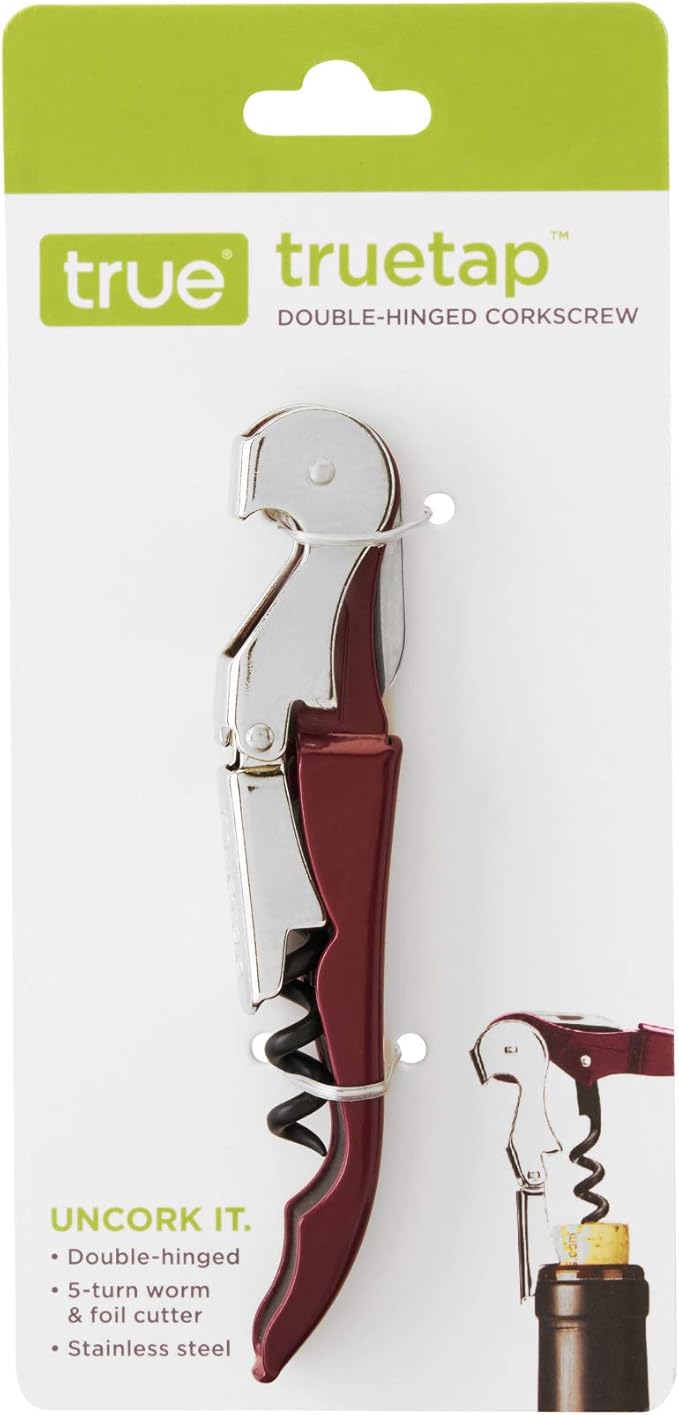 True Truetap Double Hinged Waiter's Corkscrew Wine Opener, Stainless Steel Wine Bottle Opener with Built In Foil Cutter, Home Bar Tools, Bar Cart Accessories, Wedding Gifts, Set of 1, Burgundy