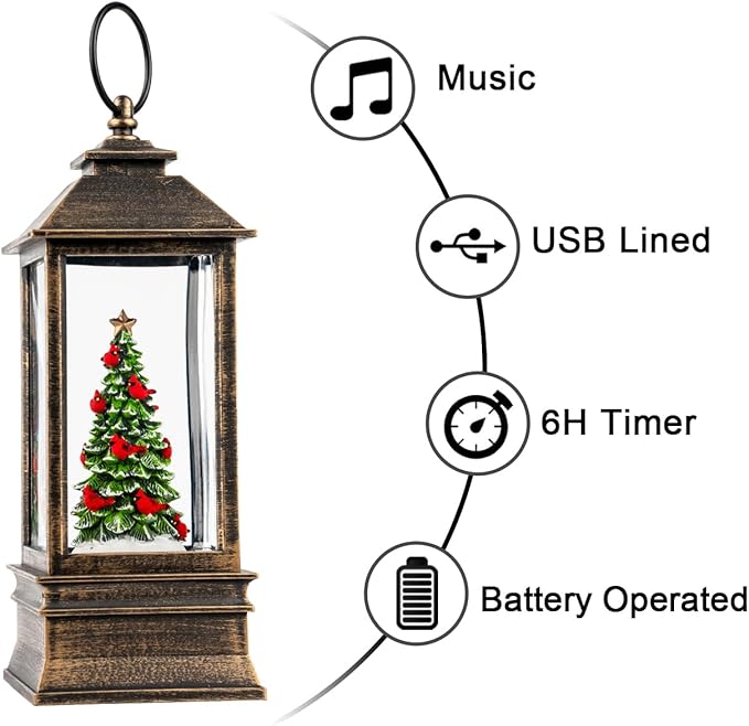 10" Lighted Christmas Tree Cardinal Music Snow Globe Water Lantern with Swirling Glitter Decoration for Christmas Home, Living Room, Battery Operated or USB Powered