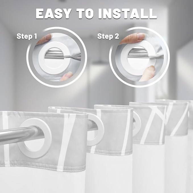 No Hook Ombre Grey Striped Shower Curtain with Snap in Liner Set - Hotel Shower Curtain and Liner Set with See Through Mesh Top Window,Machine Washable, 71x74 INCH