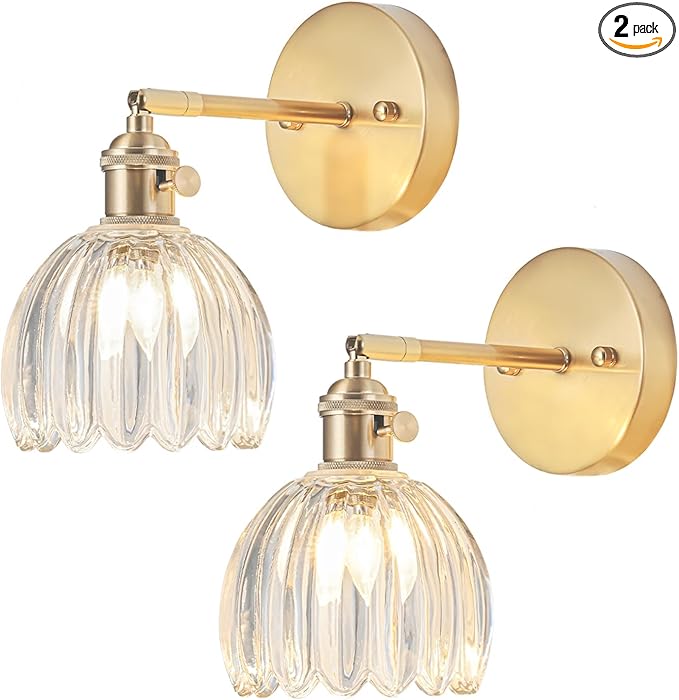 Wall Sconces Set of Two Hardwired, Vintage Sconce Light with Tulip Transparent Glass Lampshade, Bathroom Wall Lights with Switch, Gold Wall Light Sconces Wall Decor Set of 2