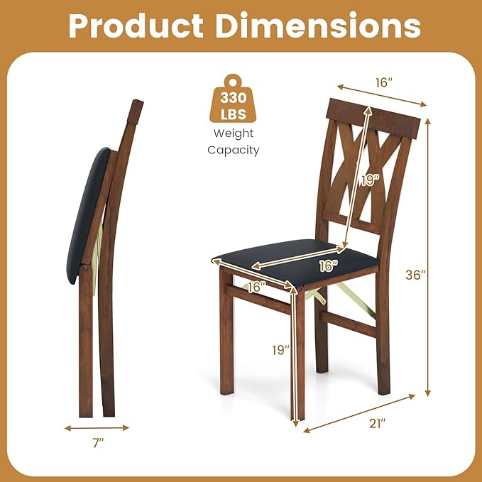 GOFLAME Folding Dining Chairs Set of 4, Foldable Kitchen Chairs with PVC Leather Padded Seat and Rubber Wood Frame, Elegant Hollowed Backrest, Wooden Dinner Chair Set for Dining Room, Walnut