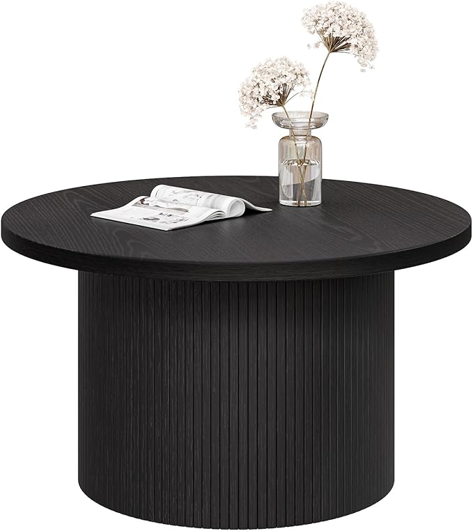 ONBRILL 31.5" Round Coffee Table, Tambour Design Coffee Tables for Living Room, Mid Century Modern Wood Coffee Table, Drum Accent Small Center Table, Black