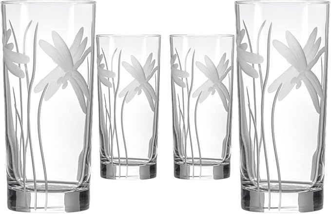 Rolf Glass Dragonfly Highball Glass 15 ounce - Set of 4 Cooler Glasses – Lead-Free Glass - Etched Drinking Glass with Heavy Base - Made in the USA
