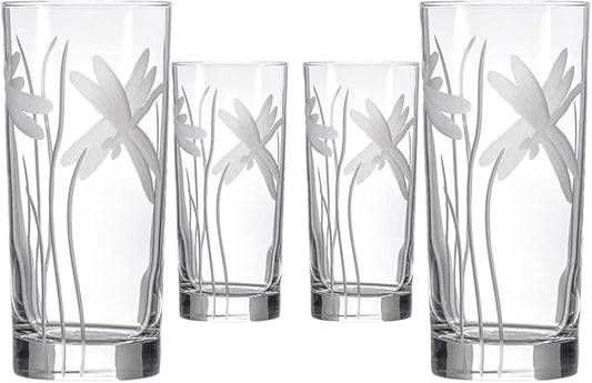 Rolf Glass Dragonfly Highball Glass 15 ounce - Set of 4 Cooler Glasses – Lead-Free Glass - Etched Drinking Glass with Heavy Base - Made in the USA