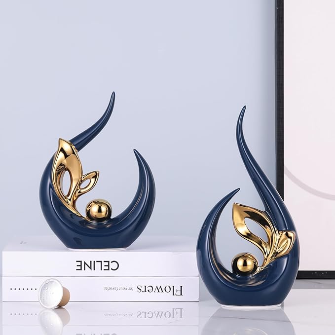 9.4" H Blue Gold Abstract Sculptures Home Decor, Ceramic Art Statue Cool Stuff to Put on Shelves&tv Stand Decor, Gold Accent Entertainment Center, for Fireplace Coffee Table Dining Table Decorate
