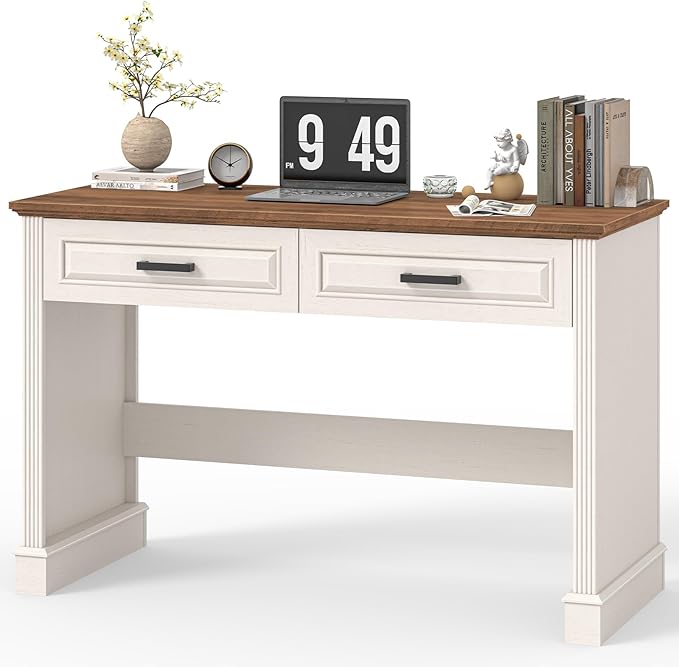 Farmhouse Executive Desk, 48 Inch Computer Desk with 2 Drawers, Simple Home Office Writing Desk Workstation for Bedroom Study Small Spaces, White and Brown
