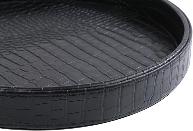 HofferRuffer Faux Leather Round Serving Tray, Vegan Croco Leather Decorative Tray, Food Tray for Storage Drinks, Snack & Cosmetics, Dia.12'' x 1.6'' (Black)
