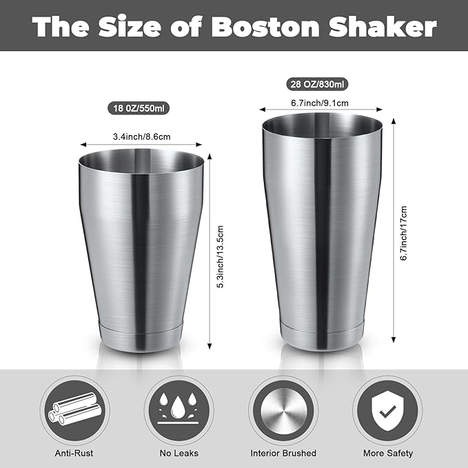 Sabary 6 Pcs Cocktail Shakers Professional Bar Shaker Boston Set Stainless Steel Martini Drink Mixer Basic Tool Weighted Shake Metal Can Cocktail Shaker Set, 18 Oz, 28 oz (Sanding Silver)