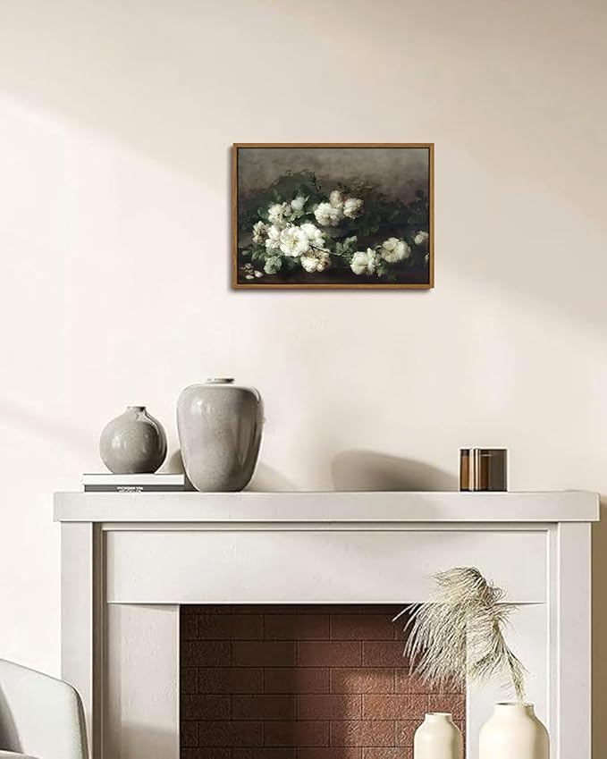 KISSFOX Framed Vintage Floral Wall Art White Flower Botanical Painting Canvas Prints Retro Rustic Farmhouse Pictures Cottagecore Aesthetic Office Decor Bedroom Bathroom Living Room