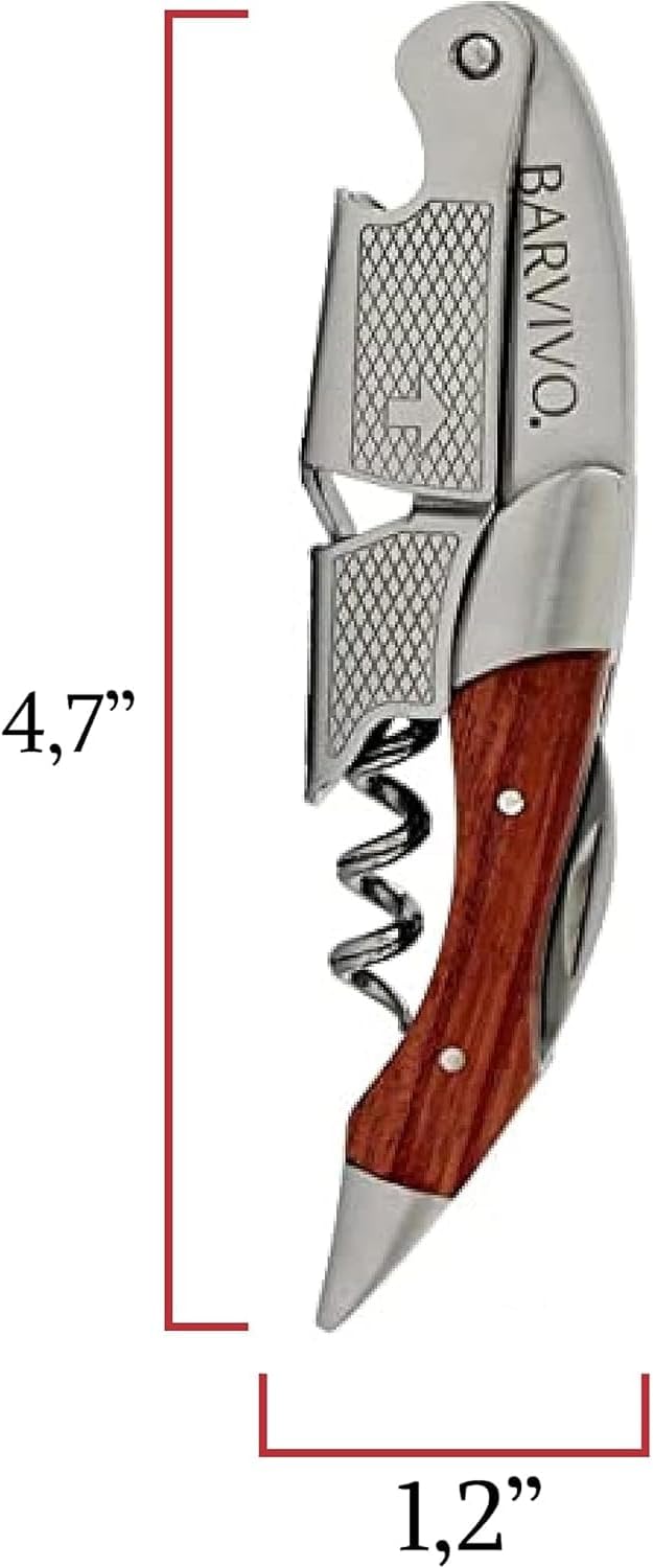 Barvivo Wine Opener with Foil Cutter and Cap Remover - Double Hinged Corkscrew for Bartenders - Stainless Steel Wine Key for Easy Bottle Opening - Manual Wine Bottle Opener - Pakkawood, 4.7x1.2-Inch