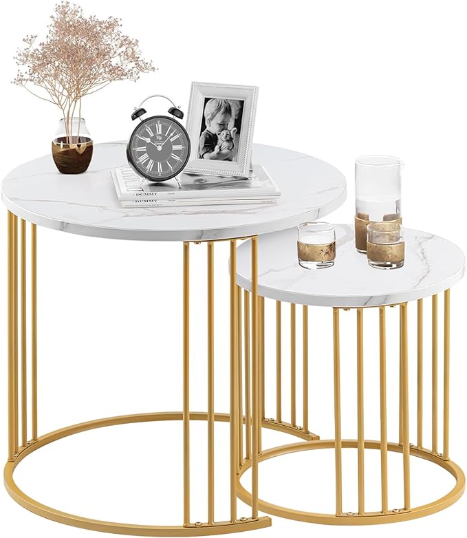 Nesting Coffee Table Set of 2, Round Table, Morden End Side Table Night Stand for Bedroom Dining Room (Marble White)