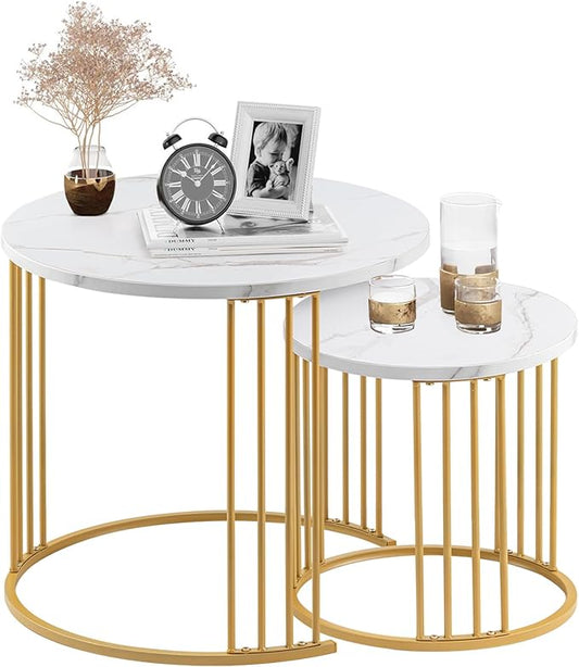 Nesting Coffee Table Set of 2, Round Table, Morden End Side Table Night Stand for Bedroom Dining Room (Marble White)