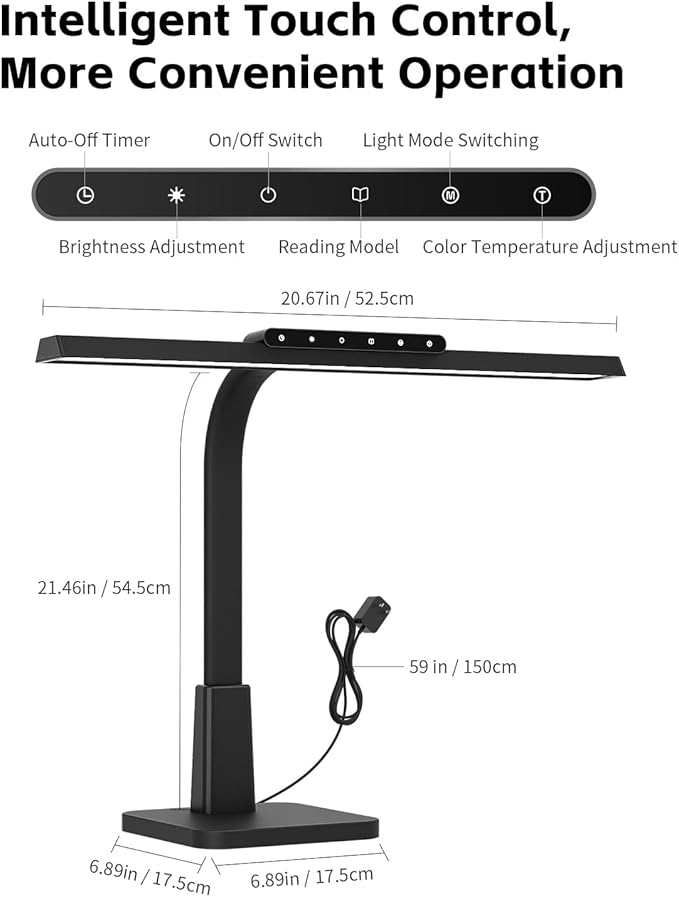 LED Desk Lamp for Home Office with Base, Dimmable Eye-Caring Computer Light with Memory & Timer Functions, Flexible Gooseneck Touch Control Architect Desk Light for Reading, Study, Workbench (Black)