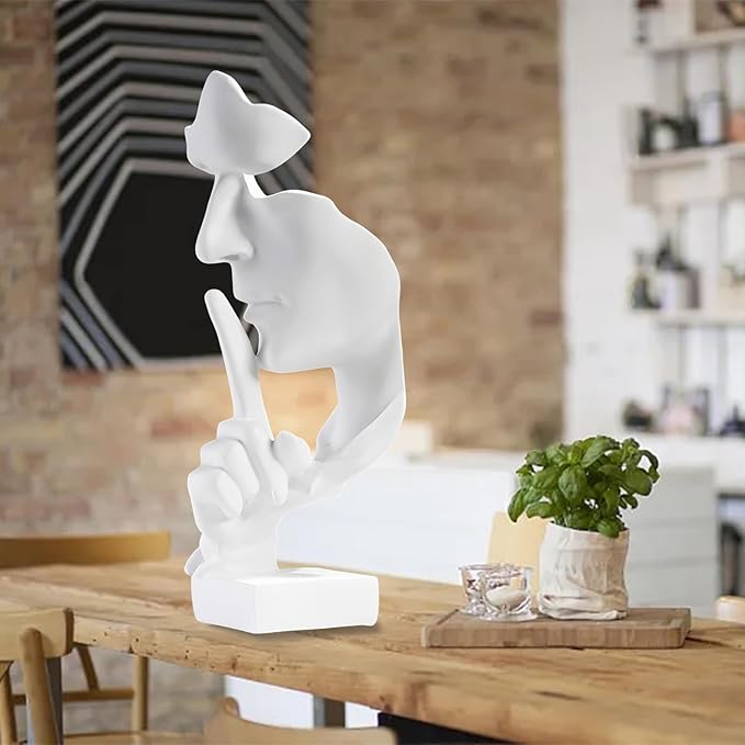 aboxoo Silence is Gold Thinker Statue, Modern and Simple Resin Things, Creative Abstract Figurine Sculptures for Entrance, Creative Room Home, Office Study, Piano Decor (Large White)