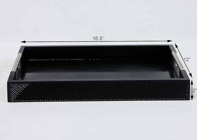 Serving Tray with Polished Metal Handles, 16.5''x12'' Rectangle Coffee Table Tray, Modern Decorative Tray, Large Ottoman Tray, Perfect for Storage and Display (Black)