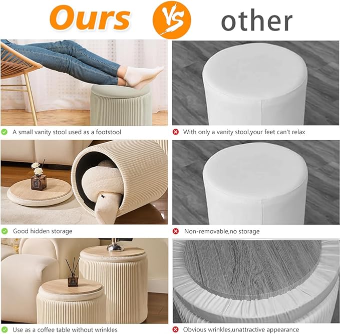 Round Set of 2 Ottoman with Storage-Upholstered Velvet Vanity Stool for Makeup Multifunctional Ottomans Coffee Table Padded Seat Foot Rest for Living Room&Bedroom（White）