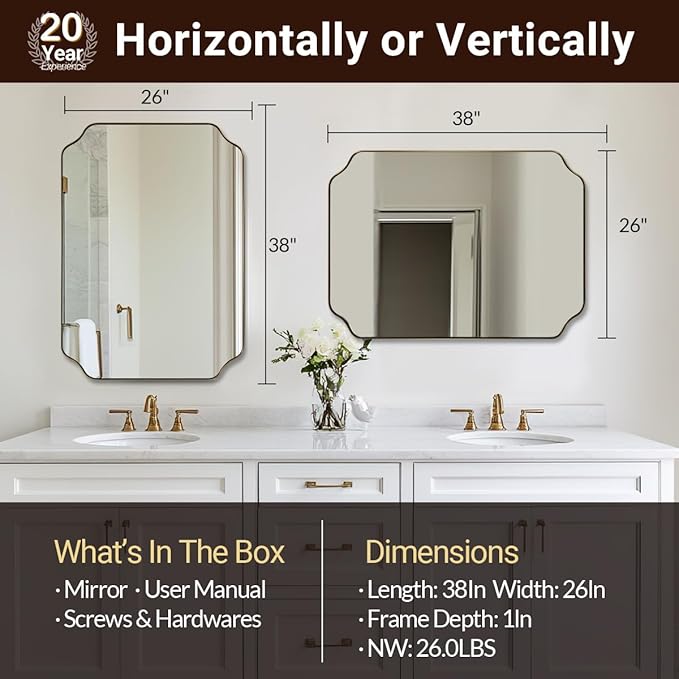 ANDY STAR 26"x38" Gold Mirror, Brushed Brass Scalloped Wall Mirror, Unique Rectangle Mirror, Bathroom Mirror in Anti-Rust Stainless Steel Metal Frame, 1’’ Deep Wall-Mounted Vertically/Horizontally