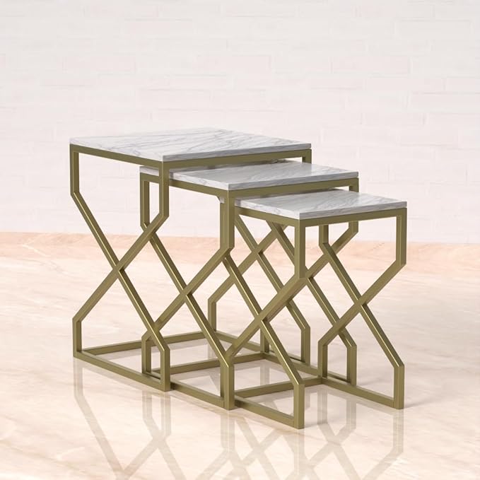 Relso Helix Nesting End Tables - Ceramic Tile Top with Gold Metal Frame - Set of 3 Accent Tables for Living Room Bedroom Entryway - Small Coffee Tables, Modern Nightstand, Durable Design | No Assembly