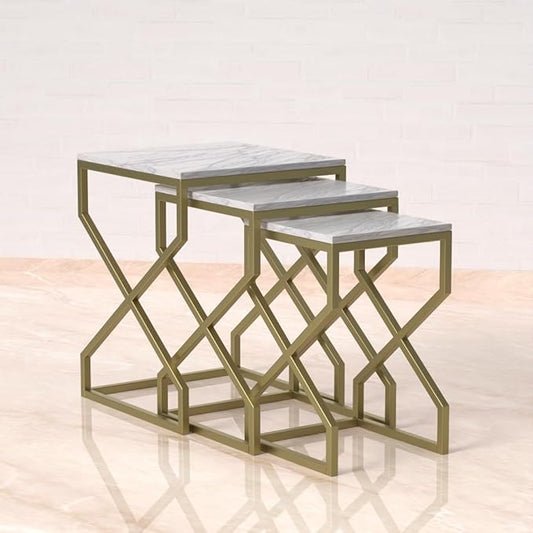 Relso Helix Nesting End Tables - Ceramic Tile Top with Gold Metal Frame - Set of 3 Accent Tables for Living Room Bedroom Entryway - Small Coffee Tables, Modern Nightstand, Durable Design | No Assembly