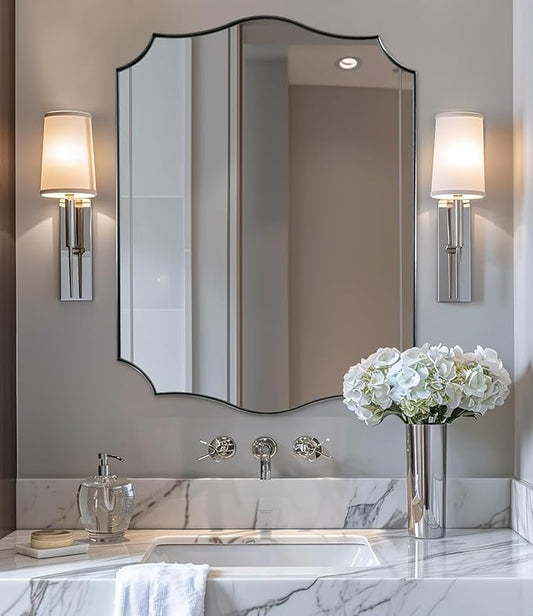ANDY STAR Chrome Bathroom Mirror for Wall, 24x32 Inch Polished Chrome Mirror, Bathroom Mirror for Over Sink, Irregular Wall Mirror in Thin Stainless Steel Frame Deep 1’’, Wave Inspired Style