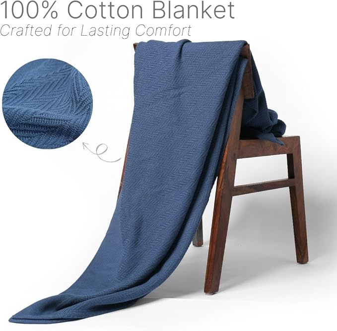 Multipurpose Blanket, Twin Size 100% Extra Long Staple Cotton, Herringbone Weave, Blue, Soft & Breathable, Ideal for All Seasons