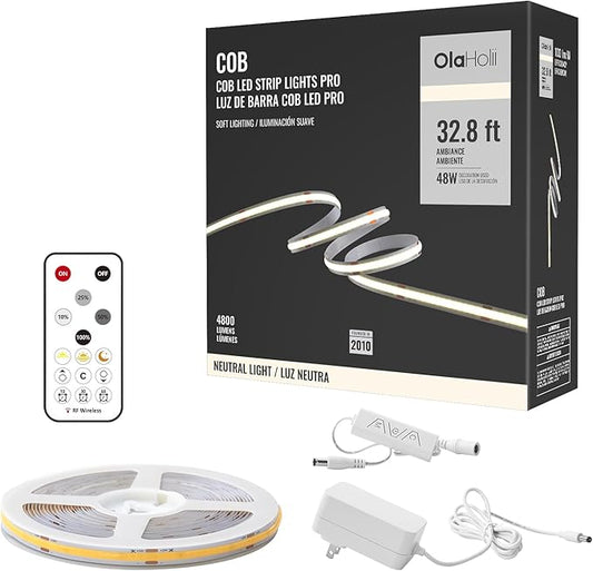 32.8ft COB Led Strip Light with Remote, 4000K Dimmable Bright Led COB Strip Light, White Continuous Led Strip Light for Mirror, Stair, Cabinet, Room