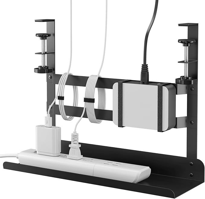 YECAYE Under Desk Cable Management Tray, All-Metal Clamp-Mount Cable Management Organizer Tray, Computer Cord Organizer Rack, Standing Desk Wire Organization for Office and Home, Black
